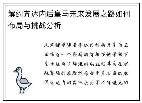 解约齐达内后皇马未来发展之路如何布局与挑战分析